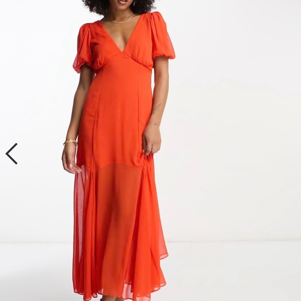 NWT ASOS Orange Chiffon Midi Dress Puff Sleeves Deep V Neck Ruffle Bottom Sz 4